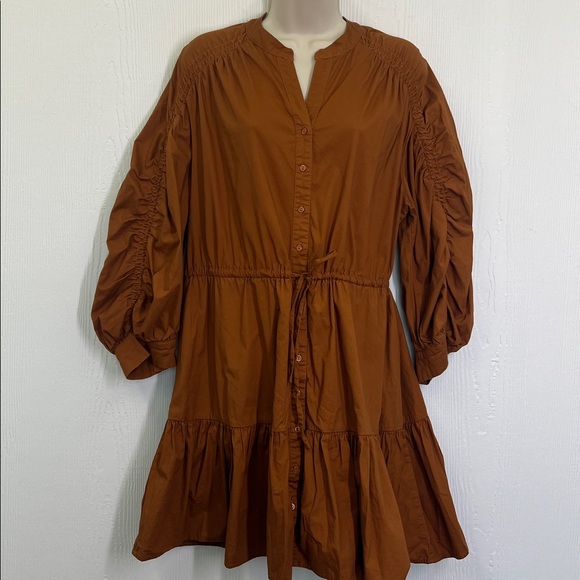 Astr The Label - Cognac Ruched Flounce Button Down Long Sleeve Mini Dress Medium - Picture 2 of 10